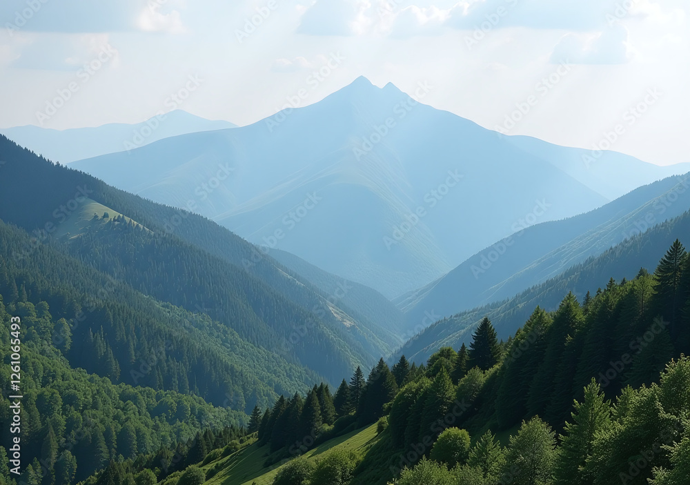 Fototapeta premium serene peaks rise vast expanse green forest surrounded gentle rolling hills beautiful mountainous