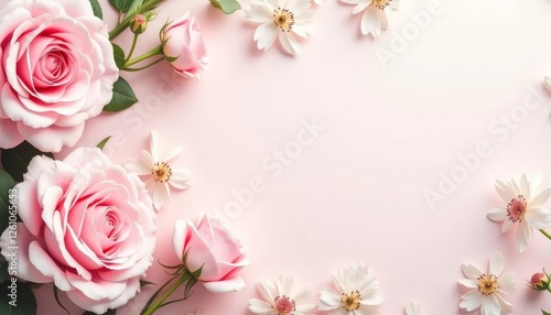 Flowers composition. Frame made of pink rose flowers on pastel pink background. Flat lay, top view, copy space