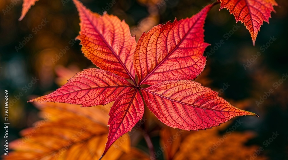 Extreme Close-Up of Autumn Leaves: Crimson, Gold & Burnt Sienna with Intricate Textures and Bokeh Background Extreme Close-Up of Autumn Leaves: Crimson, Gold & Burnt Sienna with Intricate Textures and Bokeh Background