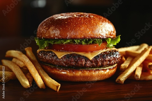 A juicy beef burger with melted cheese, lettuce, and tomato on a toasted bun, served with crispy fries. Ideal for fast food, restaurant, and gourmet dining themes photo