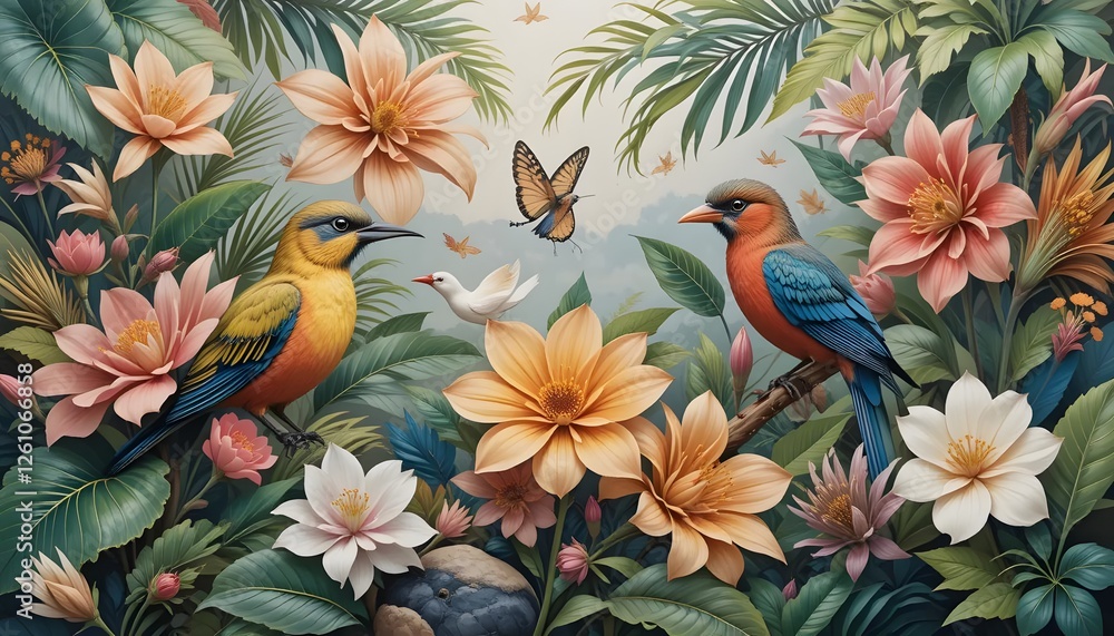 Fototapeta premium Birds flores painting design generative ai