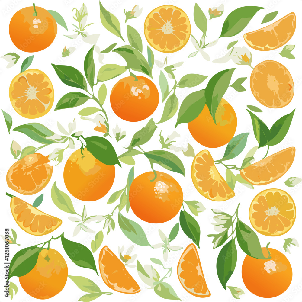 Botanic seamless pattern with yellow mandarin slices. Hand drawn tangerine pattern on white background. Fruit repeated background. Vector bright print for fabric, wallpaper, design, party paper. Botanic seamless pattern with yellow mandarin slices. Hand drawn tangerine pattern on white background. Fruit repeated background. Vector bright print for fabric, wallpaper, design, party paper.