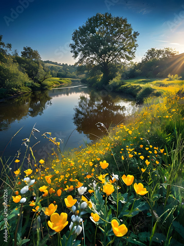 summer landscape with lake and flowers, Tranquil River Landscape With Lush Flowers And Distant Hills