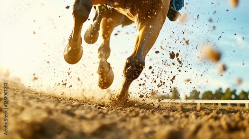 Horse racing, close-up legs, dirt track, sunlight, sports action