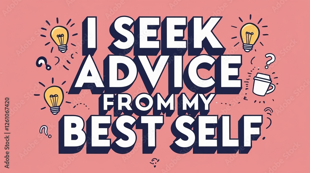 Playful graphic: 'I Seek Advice From My Best Self' in bold hand-lettering, doodles like light bulbs, coffee cups. Soft coral background, white and navy accents, minimalist and artistic. Playful graphic: 'I Seek Advice From My Best Self' in bold hand-lettering, doodles like light bulbs, coffee cups. Soft coral background, white and navy accents, minimalist and artistic.