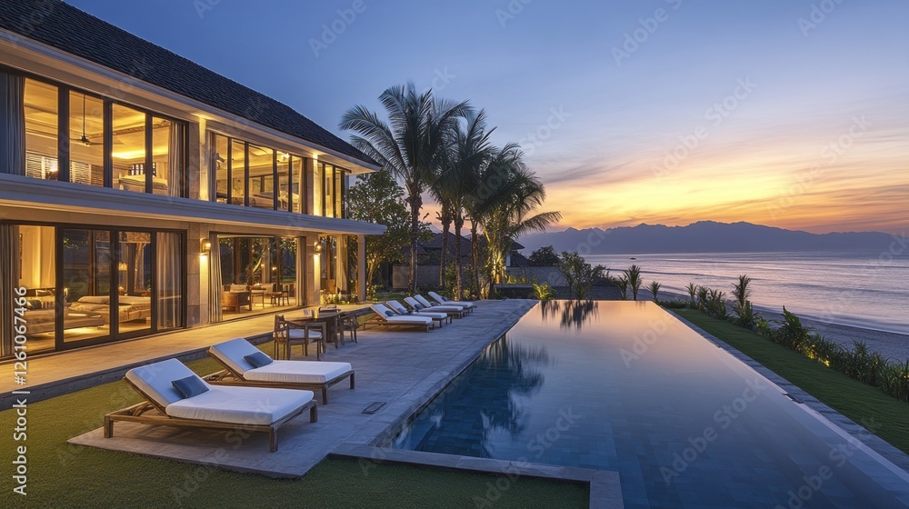 Fototapeta premium Luxurious Beachfront Villa with Infinity Pool at Sunset