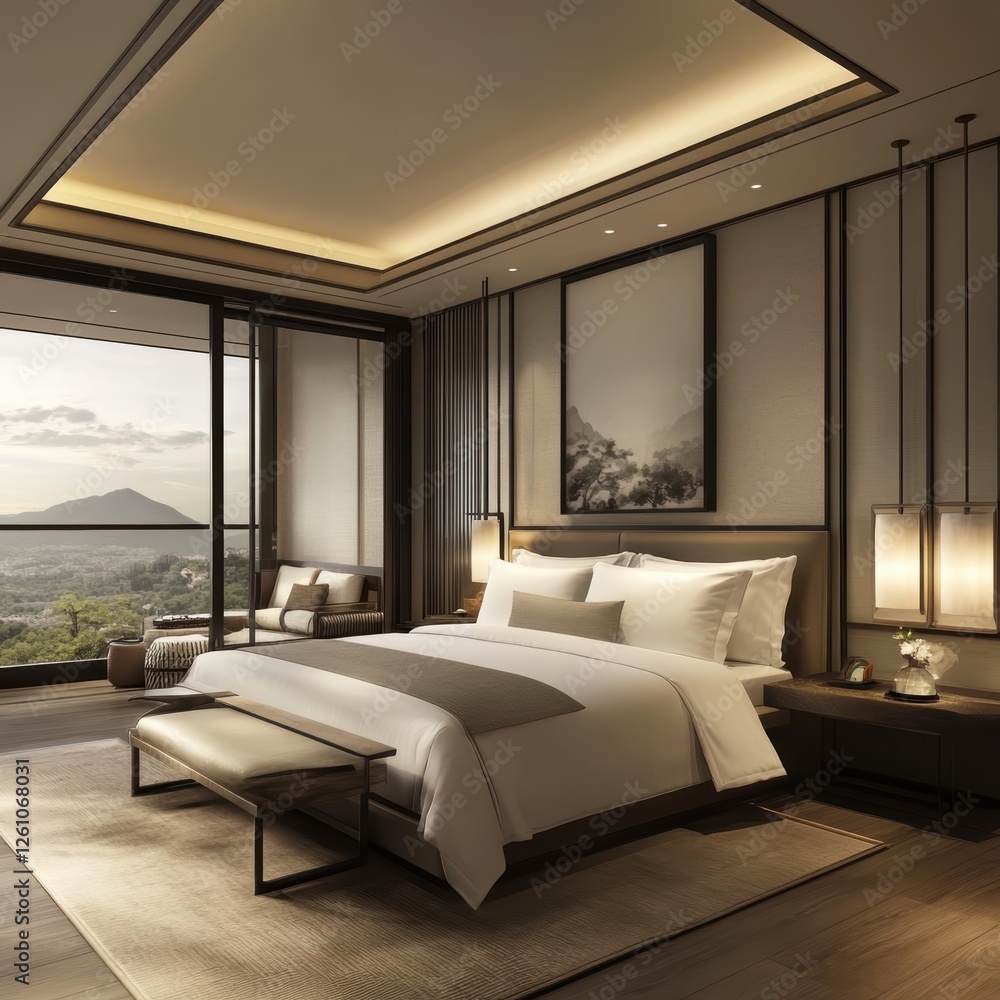 Luxury hotel suite with mountain view modern design serene environment interior photography high fidelity experience Luxury hotel suite with mountain view modern design serene environment interior photography high fidelity experience