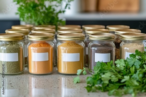 Neatly arranged glass spice jars filled with various spices sit on a kitchen counter, complemented by fresh herbs like cilantro, creating an inviting cooking atmosphere. With copy space for text photo