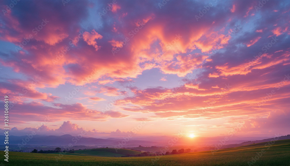Naklejka premium Nubes coloridas en tonos de rosa, naranja y morado, con una fuente de luz brillante que se asoma a través de las densas formaciones, creando una escena de cielo espectacular y vibrante
