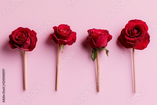 Wallpaper Mural Five vibrant red roses on wooden sticks elegantly arranged against a soft pink background for creative display purposes Torontodigital.ca