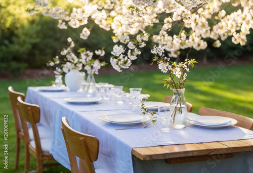 Pastoral Elegance: A wooden farm table set outdoors under a blooming cherry tree, covered in pastel blue linens, white porcelain plates, and gold flatware. A centerpiece features wildflowers in a cera