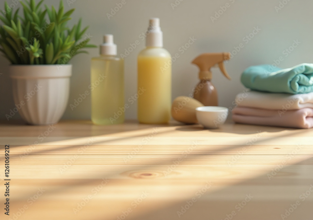 softly glowing wood surface reveals collection neatly arranged cleaning supplies softly glowing wood surface reveals collection neatly arranged cleaning supplies