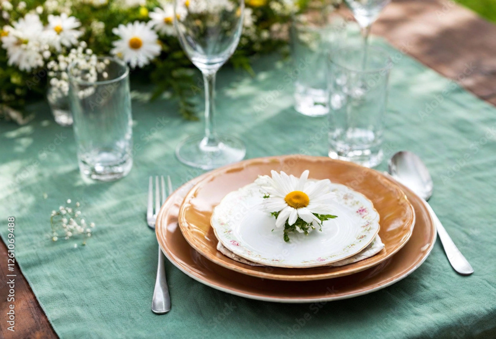 Garden Harmony: A table nestled in a garden filled with spring blooms. It's styled with mint green linens, vintage silverware, and a mix of clear and amber glassware. Delicate blossoms are scattered o Garden Harmony: A table nestled in a garden filled with spring blooms. It's styled with mint green linens, vintage silverware, and a mix of clear and amber glassware. Delicate blossoms are scattered o