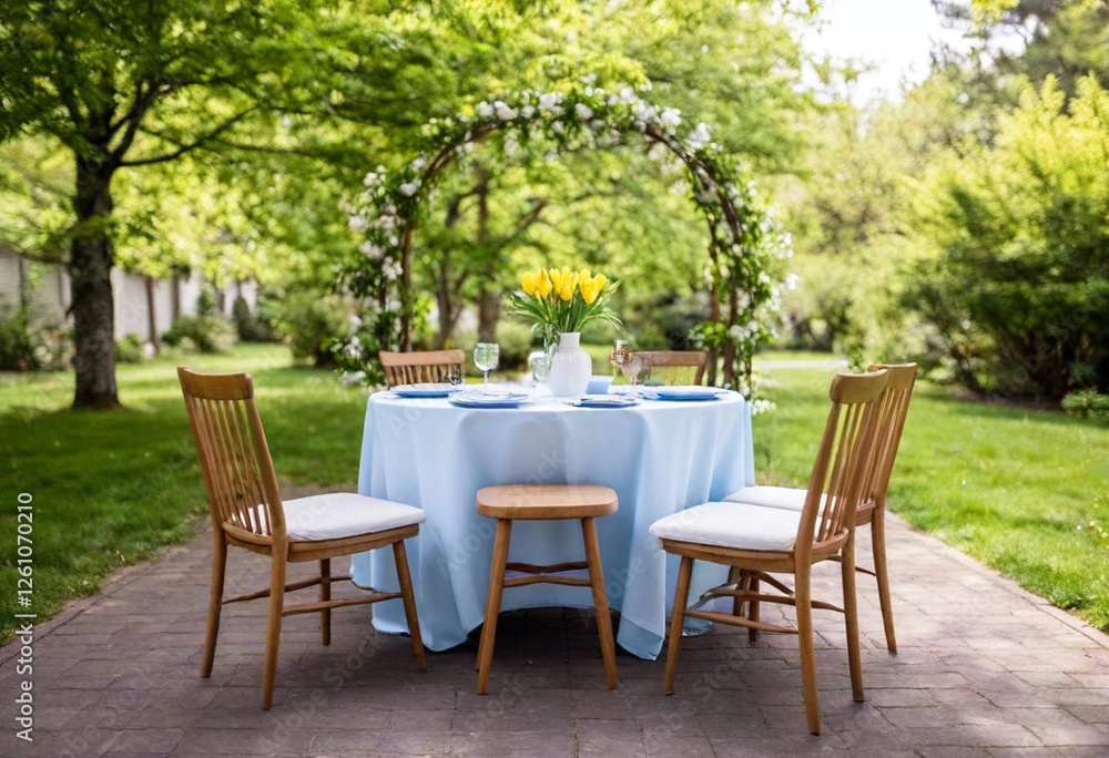Intimate Garden Setting: A small round table set under an arbor with pastel blue and yellow linens, mismatched vintage china, and a bouquet of wild tulips in a rustic basket. Candlesticks with drippin Intimate Garden Setting: A small round table set under an arbor with pastel blue and yellow linens, mismatched vintage china, and a bouquet of wild tulips in a rustic basket. Candlesticks with drippin