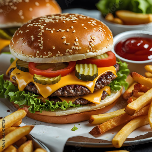 This classic cheeseburger is the epitome of indulgence, perfectly capturing the essence of a delicious fast-food meal.  photo