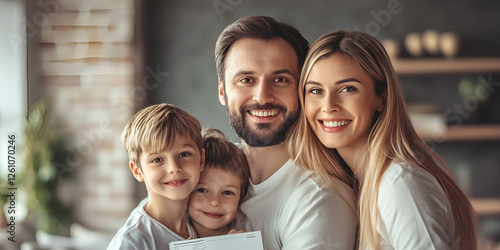Family with young children, smiling together in cozy home

