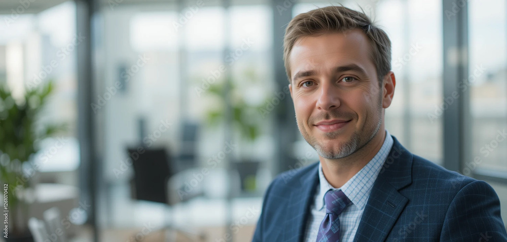 A confident businessman in a suit smiling in an office A confident businessman in a suit smiling in an office