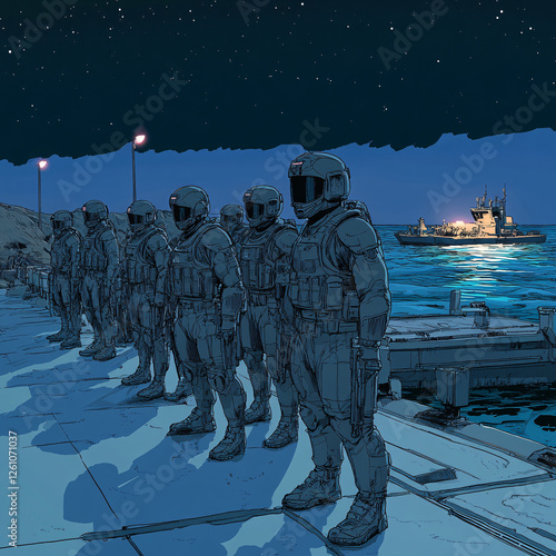 Group of Soldiers in Tactical Gear Standing in Formation Under a Moonlit Sky, Representing Military Readiness, Discipline, and Night Operations photo