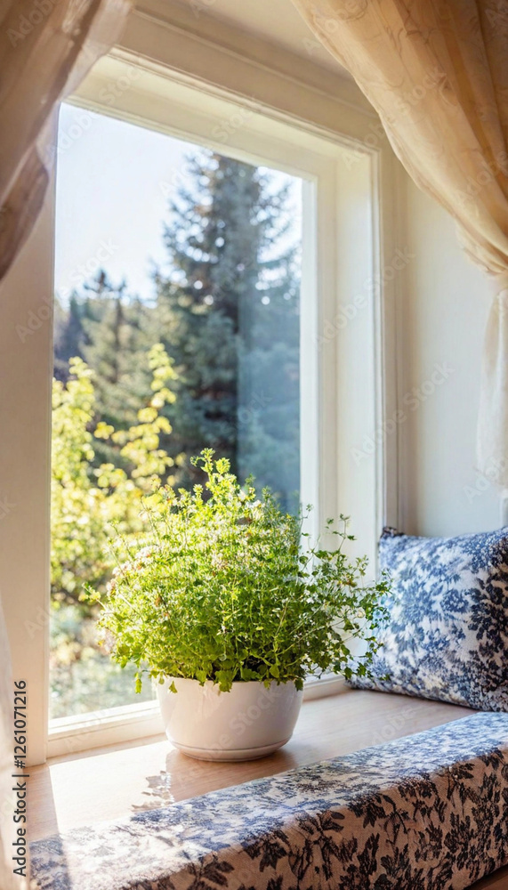 Φωτογραφία Charming Window View: A cottage-style bay window with a cushioned seat, adorned with floral throw pillows, framing a view of a blooming garden, with pots of fresh herbs lined along the windowsill