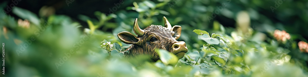 Obraz premium Bronze Bull Head in Green Foliage