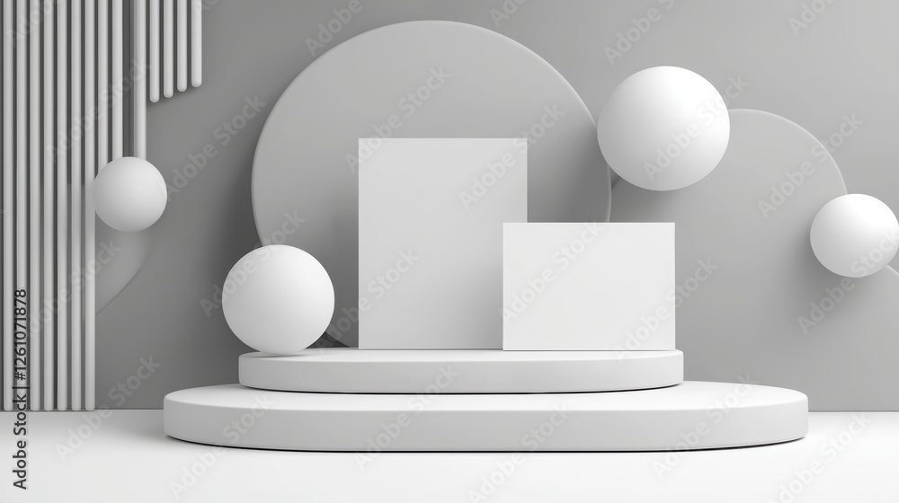 Minimalist white display with geometric shapes and spheres in a gray background. Minimalist white display with geometric shapes and spheres in a gray background.