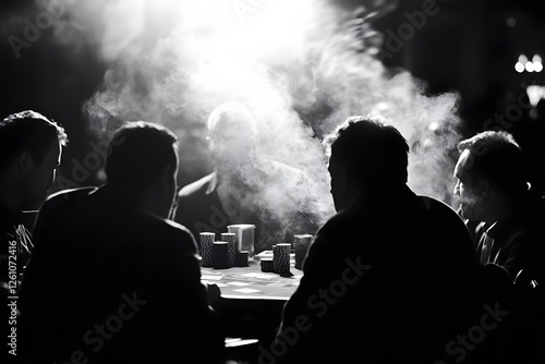 In the Smoke and Shadows: A group of men, their figures shrouded in smoke and darkness, engage in a clandestine meeting. The dimly lit scene creates a sense of intrigue and mystery.