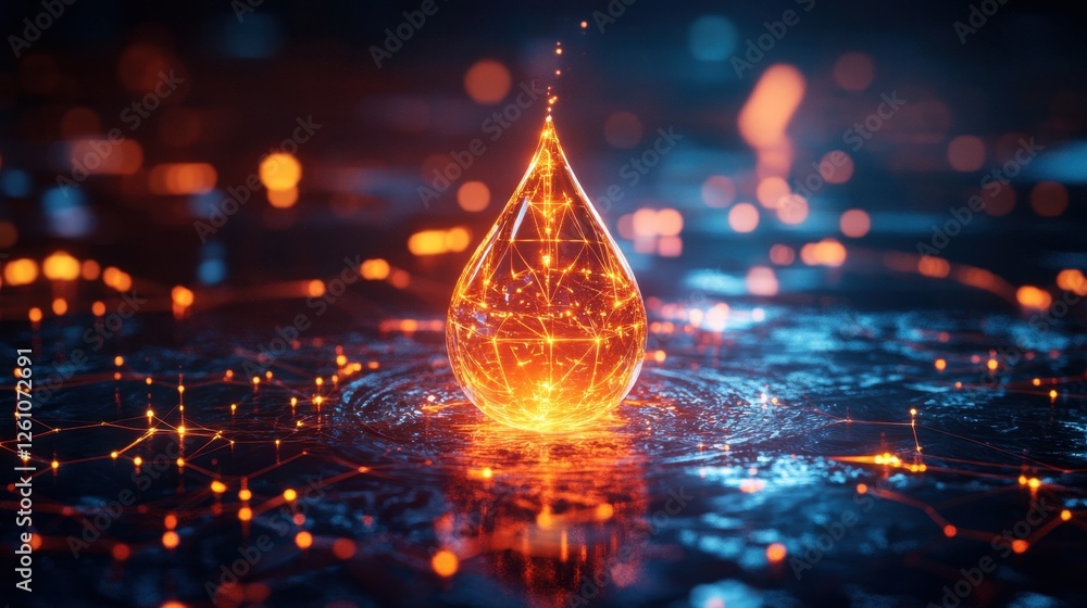 Illuminated droplet creates ripples of light in a vibrant digital landscape at night Illuminated droplet creates ripples of light in a vibrant digital landscape at night