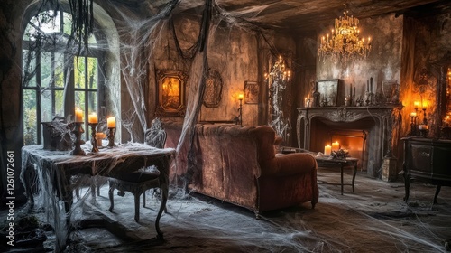 Spooky grandeur, Abandoned manor draped in spectral webs and candlelight