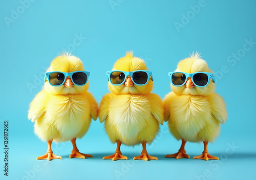 three yellow chicks wear blue shades blue studio background easter concept generated ai