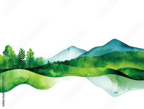 fluid watercolor landscape depicting lush green hills, trees, and mountains, symbolizing sustainable tourism and nature beauty