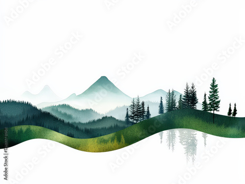 serene landscape featuring rolling green hills, misty mountains, and tall evergreen trees, evoking sense of tranquility and connection to nature