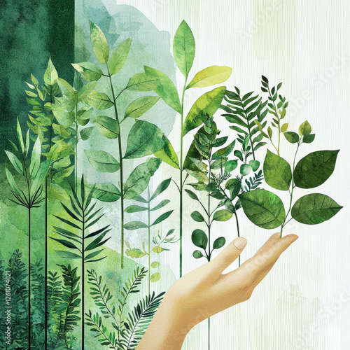 hand holding various green leaves, showcasing nature beauty and diversity. This watercolor illustration emphasizes growth, hope, and environmental awareness