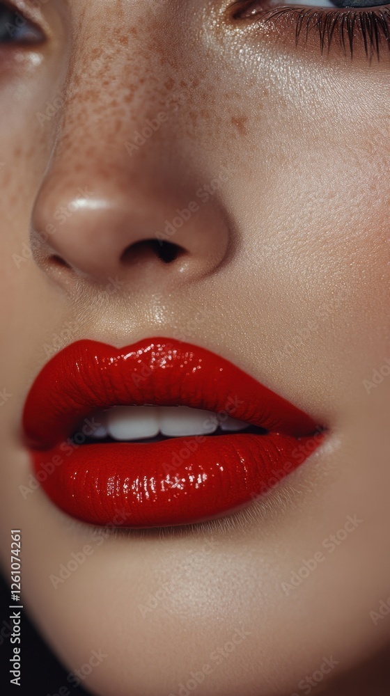 Obraz premium Bold red lips accentuated by glossy shine enhance a stunning beauty look for an evening event