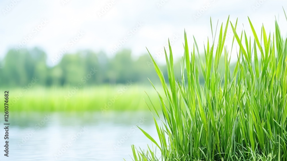 Obraz premium Lush green grass by calm lake, summer day