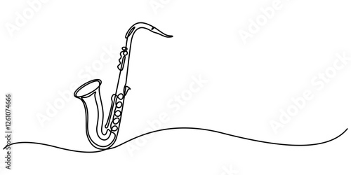 Jazz Music Festival Continuous Line Illustration, One continuous line drawing of classical saxophone. Wind music instruments concept. Modern single line graphic draw design vector illustration, pro. 