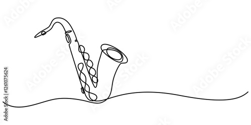 Jazz Music Festival Continuous Line Illustration, One continuous line drawing of classical saxophone. Wind music instruments concept. Modern single line graphic draw design vector illustration, pro. 