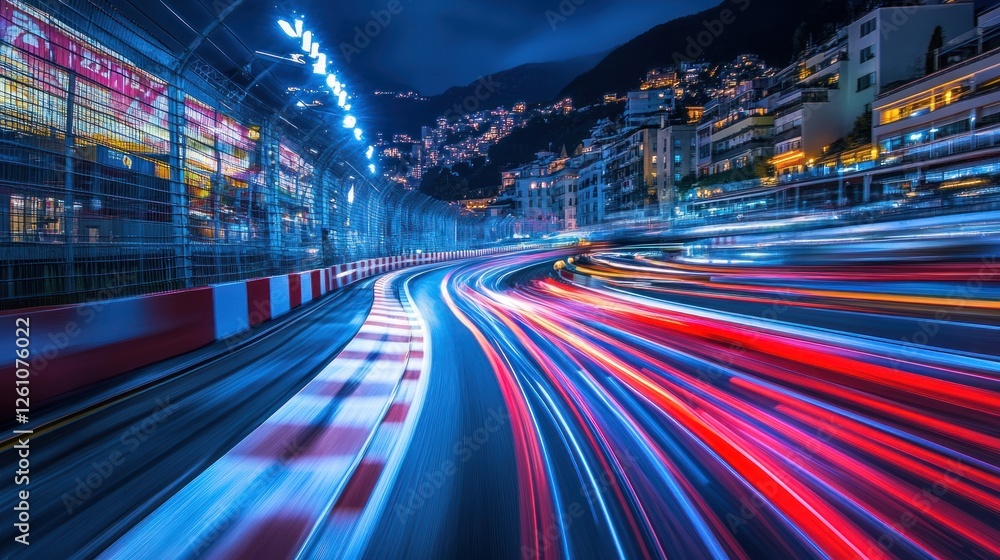 Obraz premium Nighttime Monaco Grand Prix Race Track Lightspeed Blur