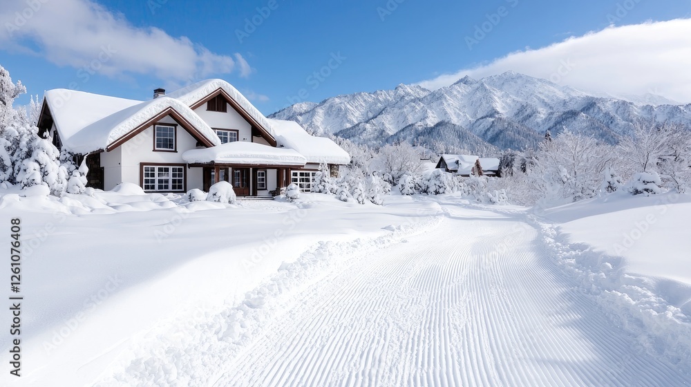 Snowy mountain chalet, winter road, scenic view, holiday escape