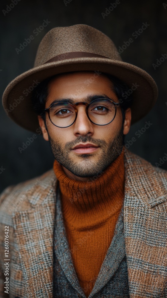 Stylish man in brown hat and glasses showcases modern vintage fashion with a warm turtleneck Stylish man in brown hat and glasses showcases modern vintage fashion with a warm turtleneck