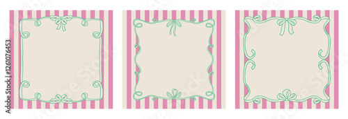 Set of vintage greeting frames with wavy bows. Vector illustration of ribbon borders on striped background. Girly French clipart in retro aesthetic