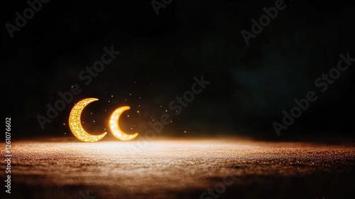 Golden crescent shapes illuminated on dark background create enc photo