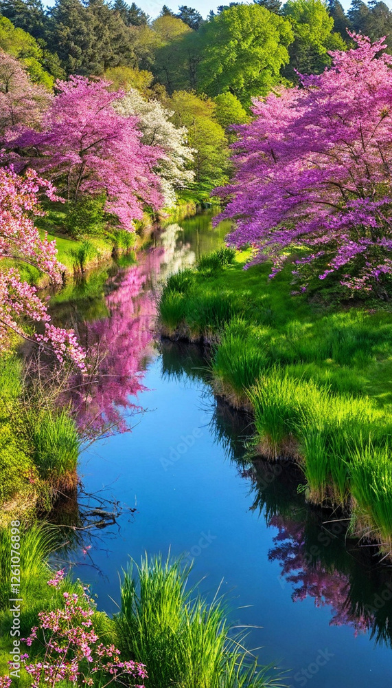 A scenic river with kayakers gliding through lush water surrounded by pink and white flowers of spring trees and tall grass lining the riverbank.
