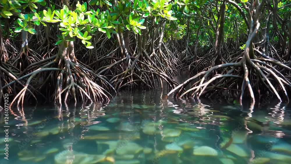 Serene mangrove water scene with reflective roots and lush greenery in tropical wetland Serene mangrove water scene with reflective roots and lush greenery in tropical wetland