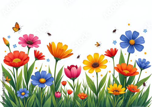 vibrant flowers bloom colorful meadow surrounded white background various insects present nearby