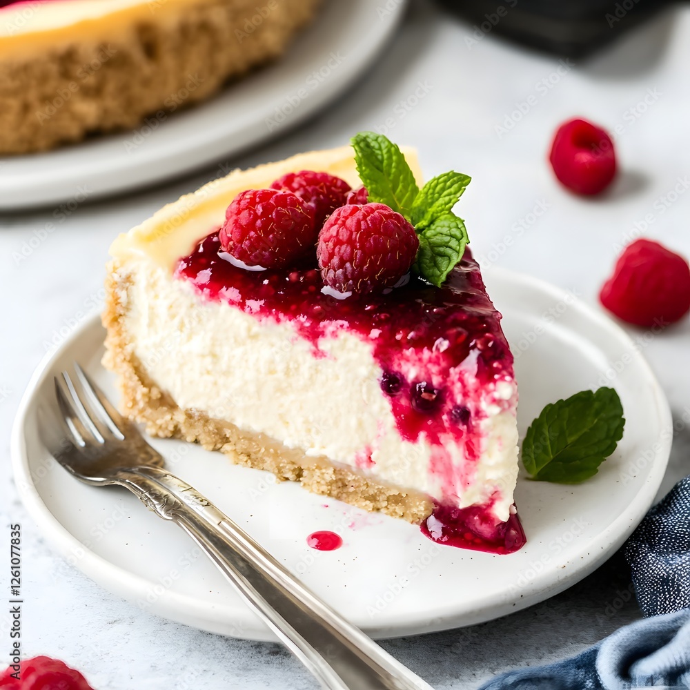 Raspberry Cheesecake Slice: A delectable slice of creamy New York-style cheesecake, adorned with fresh raspberries and a luscious raspberry sauce, sits on a plate with a fork. Raspberry Cheesecake Slice: A delectable slice of creamy New York-style cheesecake, adorned with fresh raspberries and a luscious raspberry sauce, sits on a plate with a fork.