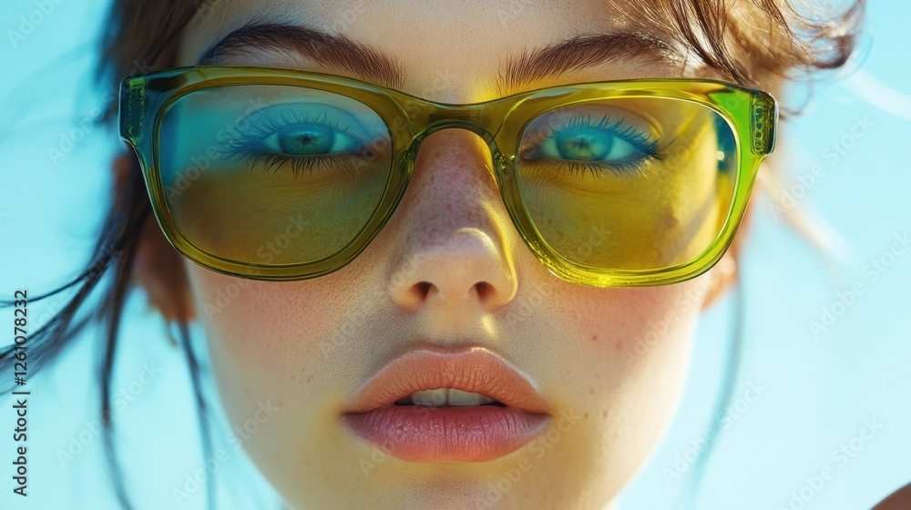 Bright sunny day highlights vibrant style with sparkling eyes and playful sunglasses Bright sunny day highlights vibrant style with sparkling eyes and playful sunglasses
