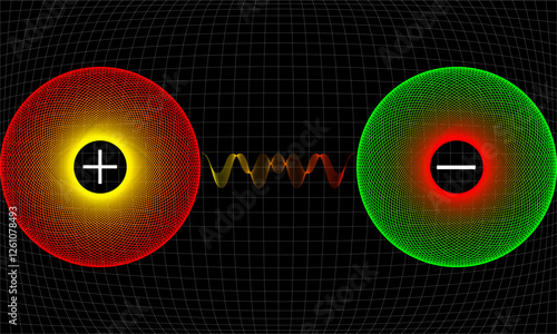 Positive and negative charge. Illustration of ionic, magnetic or wave interaction between two particles.