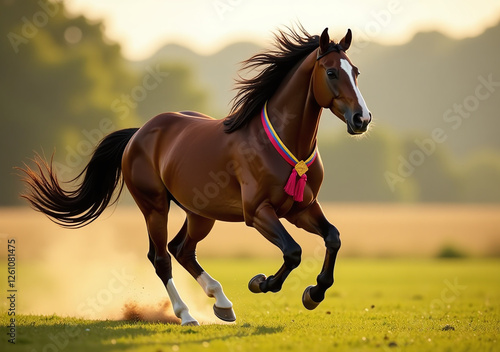 warmblood horse runs quickly morning field black mane flowing wind colorful banner attached photo