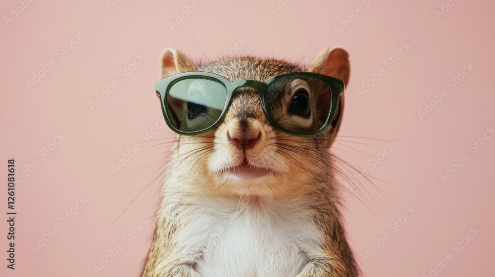 Squirrel in stylish sunglasses adds a whimsical charm against a pastel backdrop while posing for a playful portrait Squirrel in stylish sunglasses adds a whimsical charm against a pastel backdrop while posing for a playful portrait
