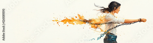 woman breaking free from chains, symbolizing liberation and strength. watercolor effect adds poetic touch to scene, enhancing emotional expression of freedom